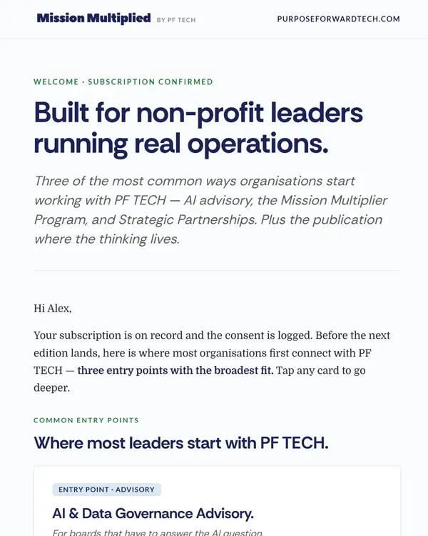The Mission Multiplied welcome email a new subscriber receives.